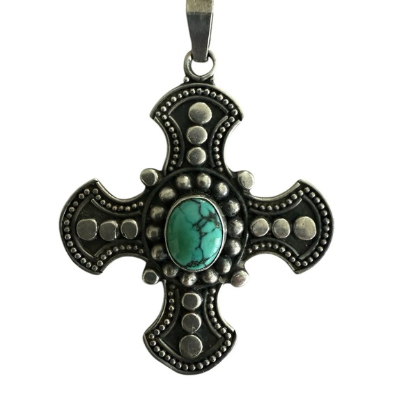 Vintage Jewelry - Vintage .925 Silver and Turquoise Cross Pendant